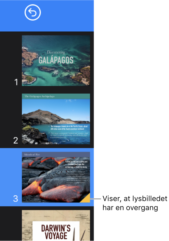 En gul trekant på et lysbillede viser, at lysbilledet har en overgang.