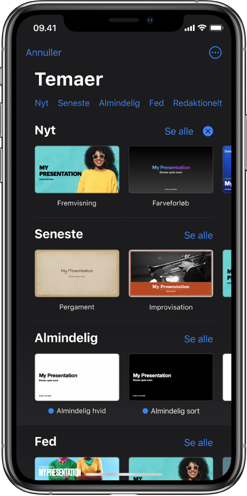 Temavælgeren, der viser en række kategorier langs toppen, som du kan trykke på for at filtrere mulighederne. Knappen Mere ses øverst til højre, hvor du kan vælge formatet Standard eller Bred og indstille formatet til et bestemt sprog eller område. Derunder ses miniaturer af færdige temaer opstillet i rækker efter kategori. Knappen Se alle vises ovenover og til højre for hver kategorirække.
