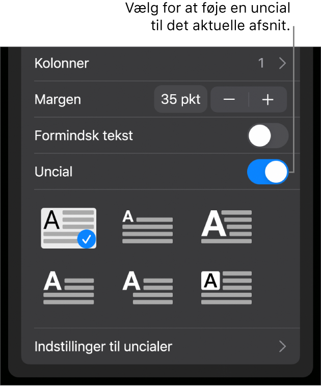 Betjeningsmulighederne til Uncial placeret nederst på menuen Tekst.
