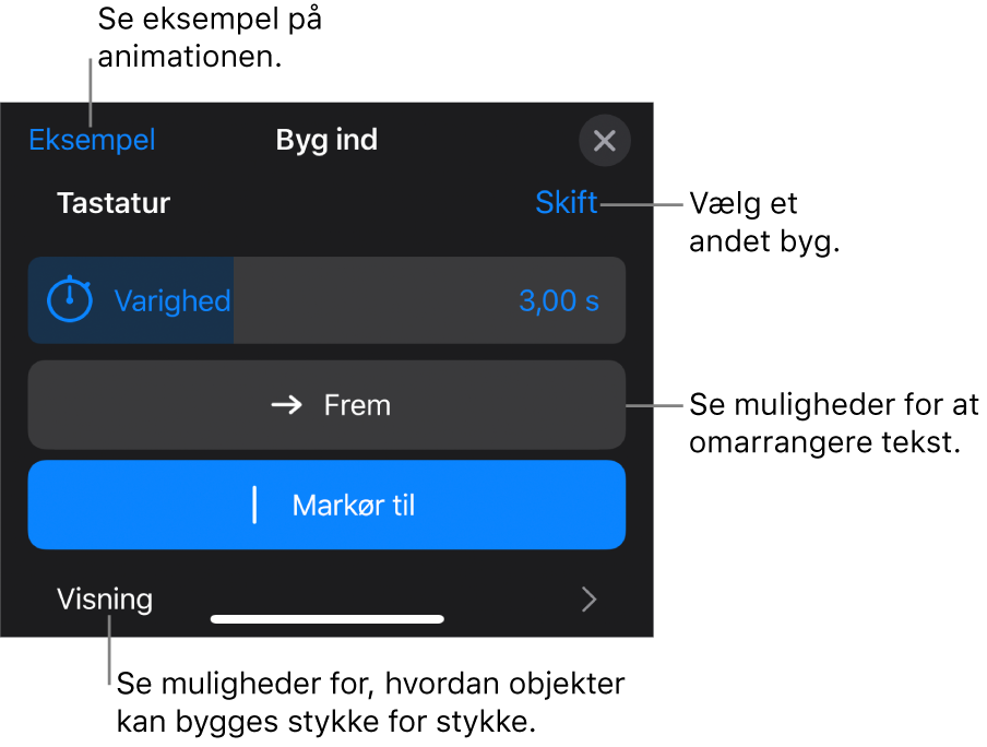 Mulighederne til Byg omfatter Varighed, Tekstanimation og Visning. Tryk på Skift for at vælge et andet byg, eller tryk på Eksempel for at se et eksempel på bygget.