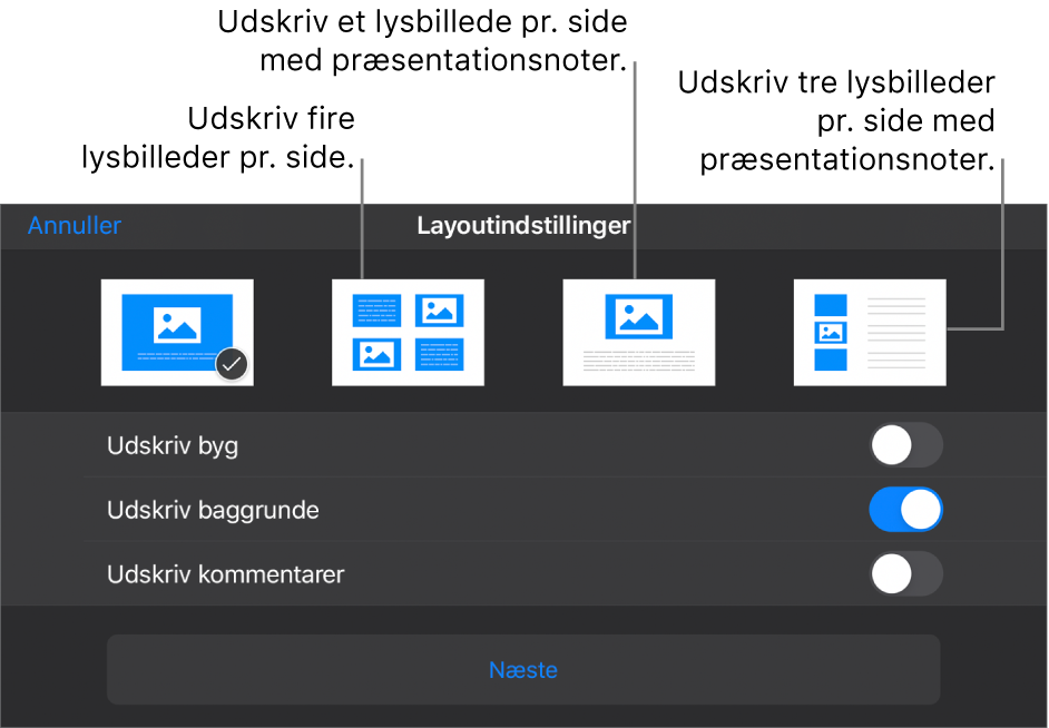 Indstillinger til udskriftslayout.