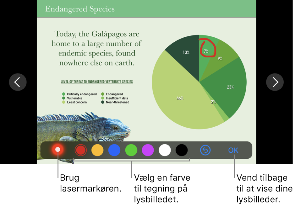 Et lysbillede med en illustration, der viser lasermarkøren og betjeningsmulighederne til valg af farve.
