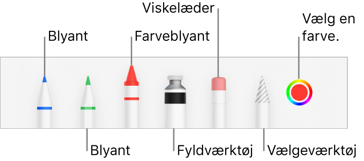 Værktøjslinjen til tegning med kuglepen, blyant, farveblyant, fyldværktøj, viskelæder, vælgeværktøj og felt, der viser den aktuelle farve.