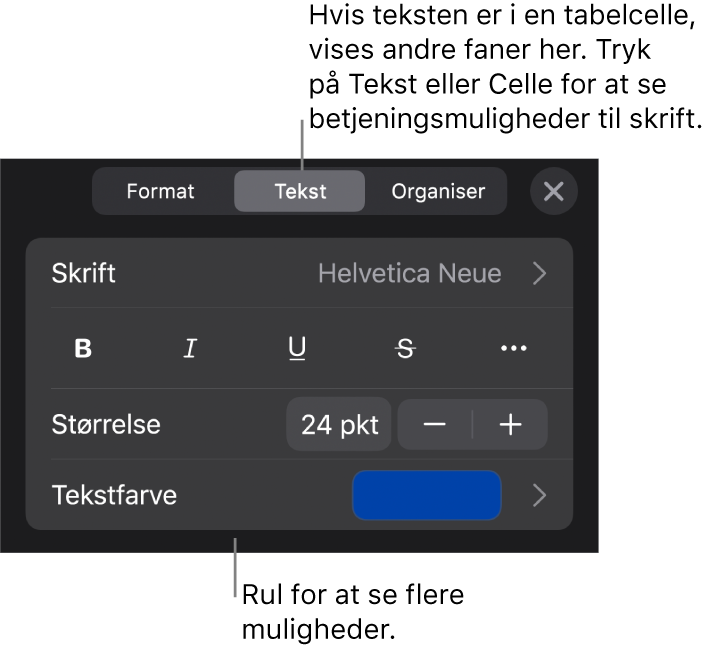 Betjeningsmuligheder til tekst på Formatmenuen til indstilling af afsnits- og tegnformater, skrift, skriftstørrelse og farve.