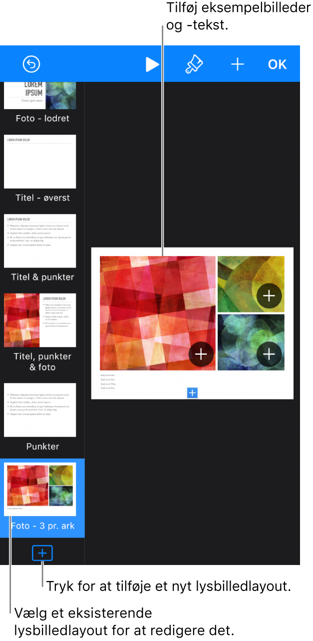 Et lysbilledlayout vises på lysbilledlærredet med knappen Tilføj lysbilledlayout nederst i lysbillednavigatoren.