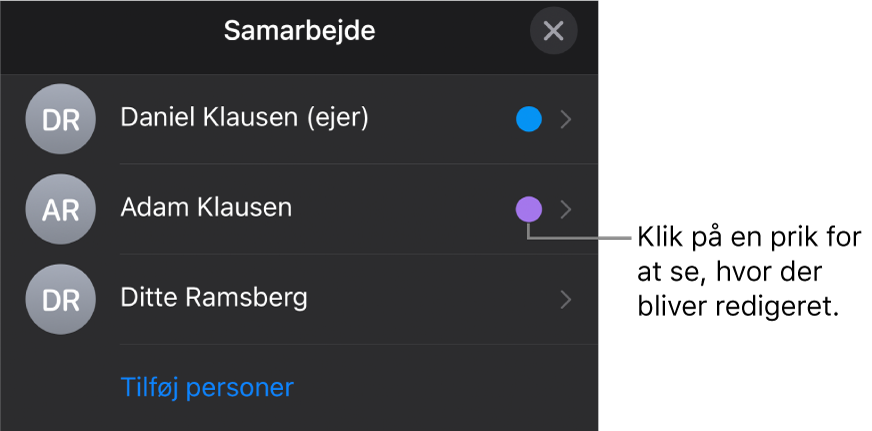 Listen med deltagere med tre deltagere og en prik ud for hvert navn.