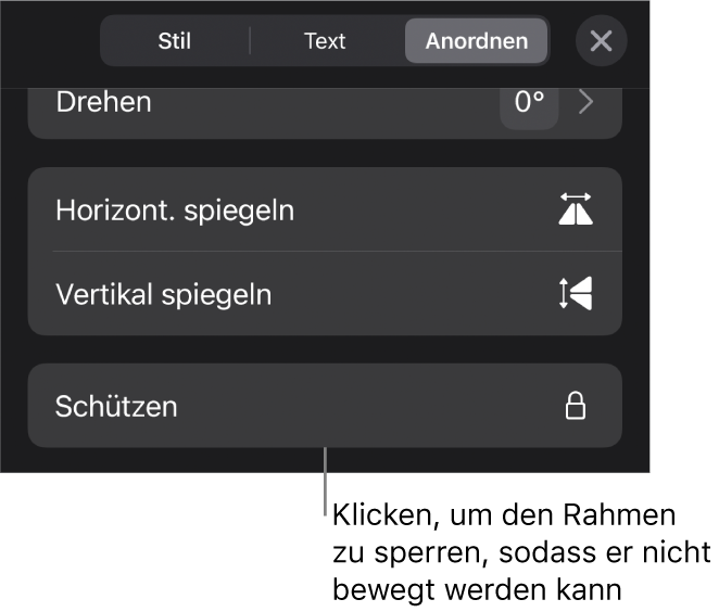 Die Steuerelemente „Anordnen“ im Menü „Format“ und die Taste „Schützen“ ist markiert