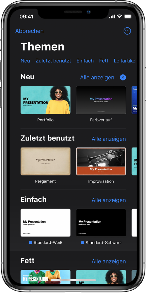 Die Themenauswahl zeigt oben eine Zeile mit Kategorien, auf die du tippen kannst, um die Optionen zu filtern. Über die Taste „Mehr“ oben rechts kannst du das Standard- oder Querformat auswählen und die Formatierung für eine bestimmte Sprache oder Region festlegen. Darunter sind Miniaturen der vordefinierten Themen in Zeilen nach Kategorie sortiert. Die Taste „Alle anzeigen“ erscheint darüber und rechts neben jeder Kategoriezeile.
