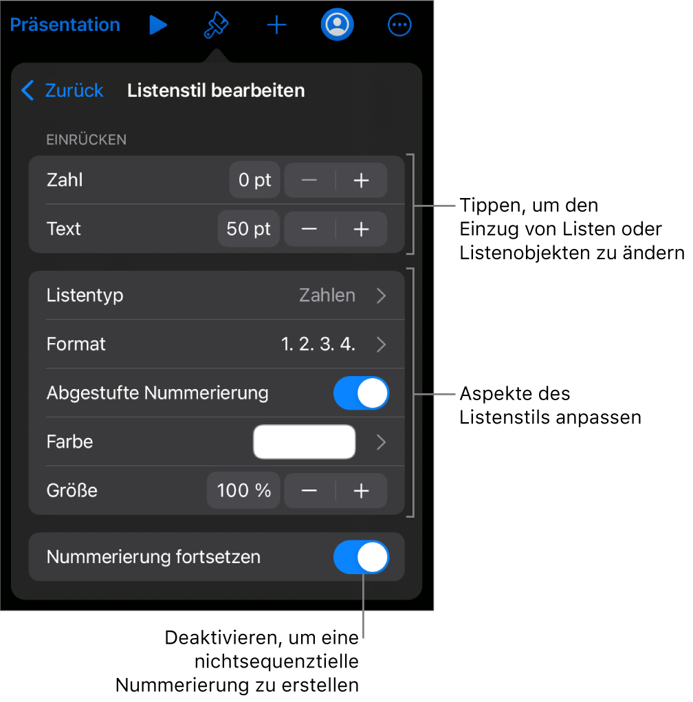 Das Menü „Listenstil bearbeiten“ mit Steuerelementen für Einzug, Listenart und -format, abgestufte Nummerierung, Listenfarbe und -größe sowie kontinuierliche Nummerierung.