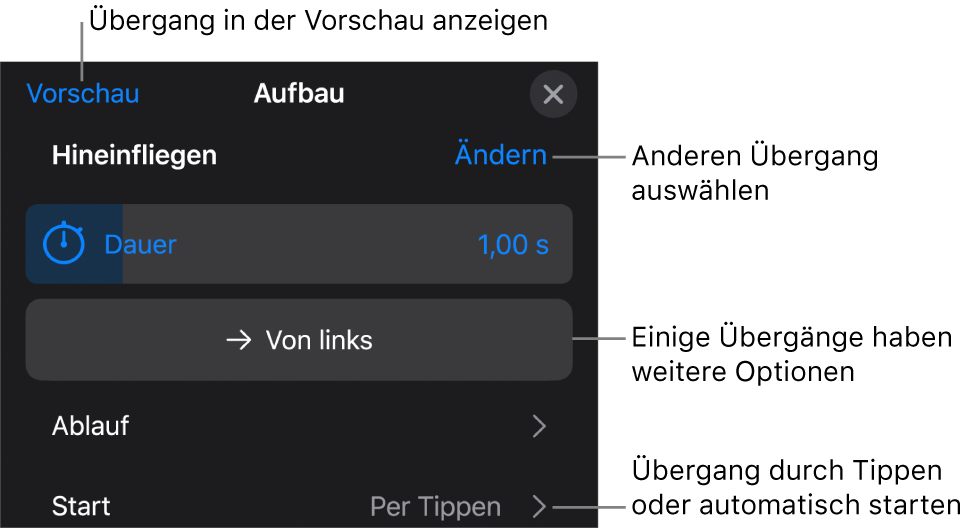 Steuerelemente im Bereich „Optionen“ zum Ändern eines Übergangs