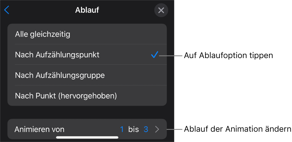 Ablaufoptionen im Bereich „Aufbau“