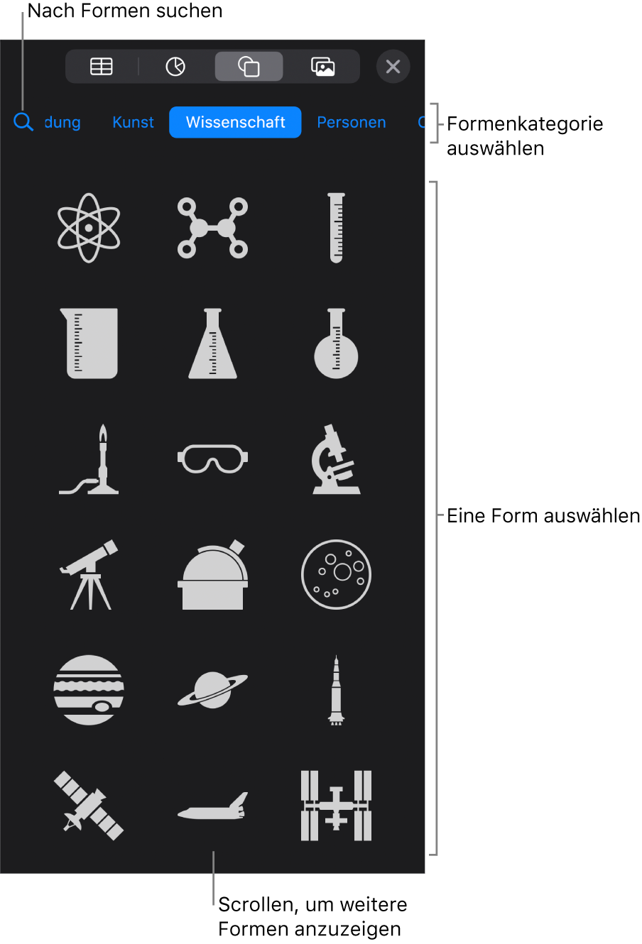 Die Formensammlung mit Kategorien oben und darunter angezeigten Formen. Du kannst das oben angezeigte Suchfeld verwenden, um Formen zu finden. Durch Streichen kannst du weitere Formen anzeigen.