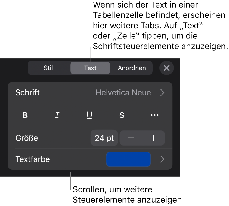 Textsteuerelemente im Menü „Format“ zum Festlegen von Absatz- und Zeichenstilen, Schrift, Größe und Farbe