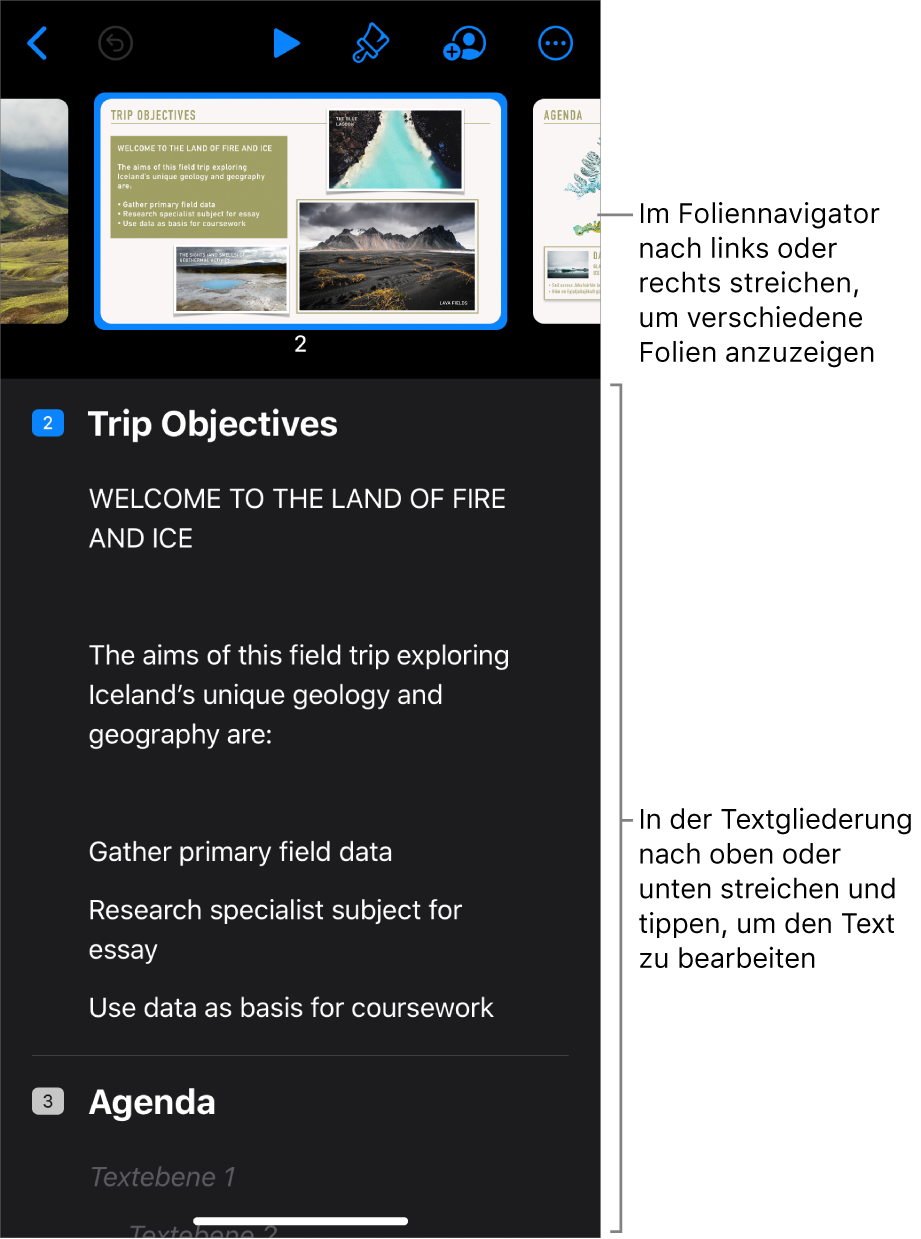 Gliederungsansicht mit dem horizontalen Foliennavigator oben auf dem Bildschirm und der Textgliederung einer Präsentation unten.