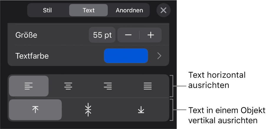Der Abschnitt „Ausrichtung“ im Menü der Taste „Format“ mit Beschriftungen für die Ausrichtungstasten für Text