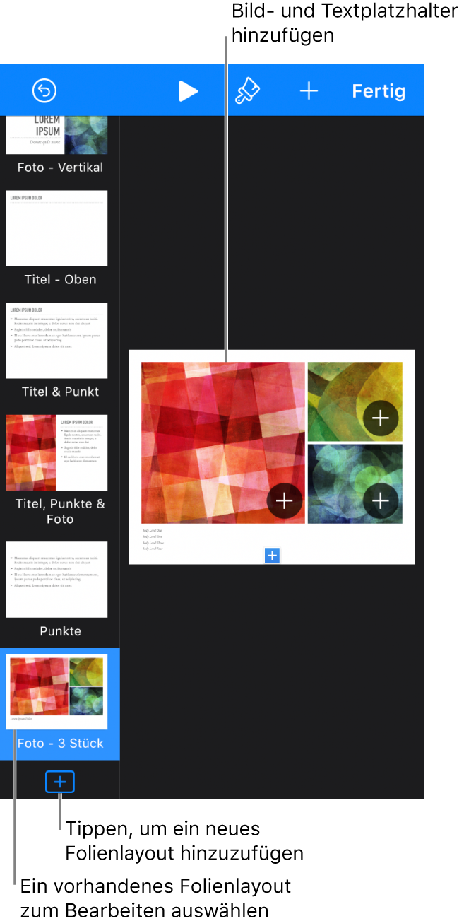 Ein Folienlayout ist auf dem Arbeitsbereich zu sehen, die Taste „Folienvorlage hinzufügen“ befindet sich unten im Foliennavigator.