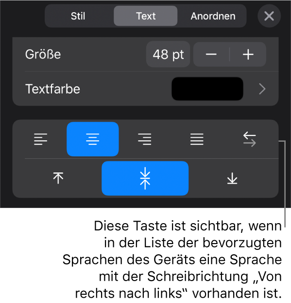 Die Textsteuerelemente im Menü „Format“ mit einer Beschreibung der Taste „Von rechts nach links“
