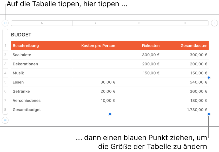 Eine ausgewählte Tabelle mit blauen Punkten zum Ändern der Größe