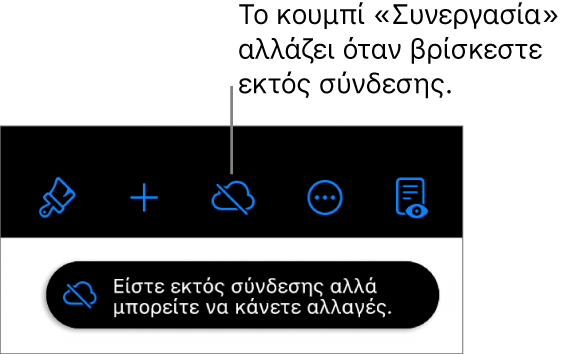 Τα κουμπιά στο πάνω μέρος της οθόνης, με το κουμπί «Συνεργασία» που έχει αλλάξει σε σύννεφο με μια διαγώνια γραμμή που το διαπερνά. Μια ειδοποίηση στην οθόνη που λέει «Είστε εκτός σύνδεσης αλλά μπορείτε να κάνετε αλλαγές».