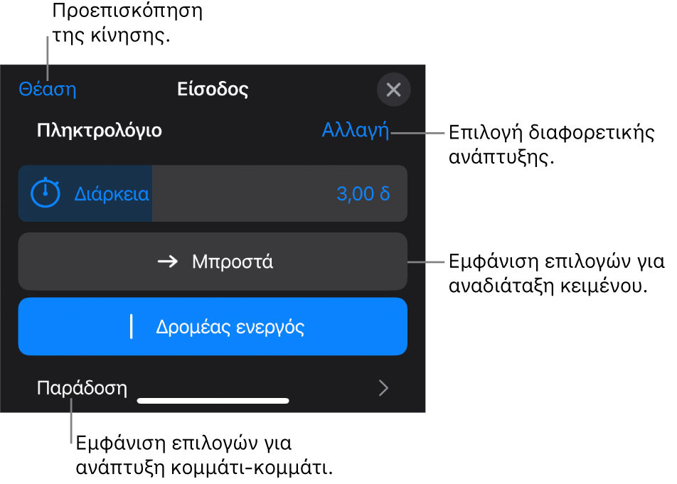 Οι επιλογές ανάπτυξης περιλαμβάνουν τη Διάρκεια, την Κίνηση κειμένου και την Παράδοση. Αγγίξτε «Αλλαγή» για να επιλέξετε μια διαφορετική ανάπτυξη ή αγγίξτε «Θέαση» για να δείτε σε προεπισκόπηση την ανάπτυξη.