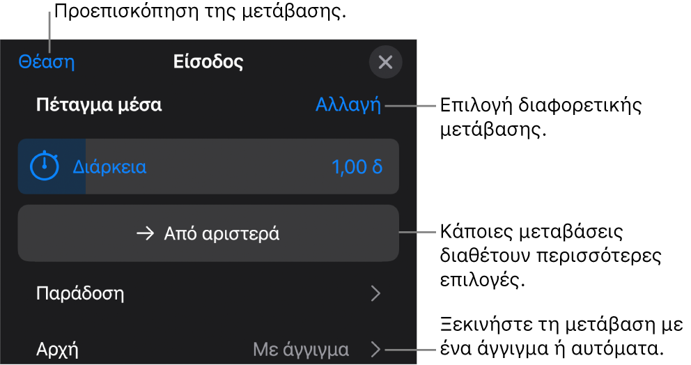 Χειριστήρια στο τμήμα «Επιλογές» για τροποποίηση μετάβασης.