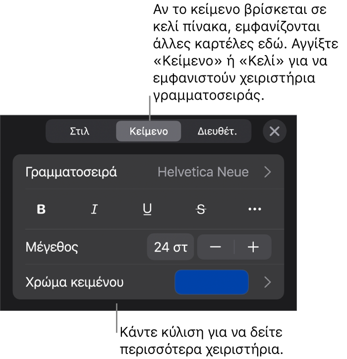 Χειριστήρια κειμένου στο μενού «Μορφή» για τον καθορισμό στιλ παραγράφων και χαρακτήρων, γραμματοσειράς, μεγέθους και κειμένου.