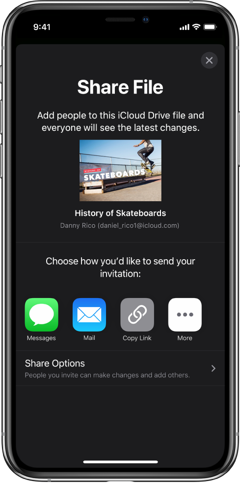 The Add People screen showing a picture of the presentation to be shared. Below it are buttons for ways to send the invitation, including Messages and Mail, Copy Link and More. At the bottom is the Share Options button.