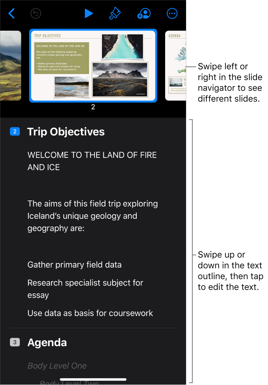Outline view with the horizontal slide navigator at the top of the screen and the text outline at the bottom.