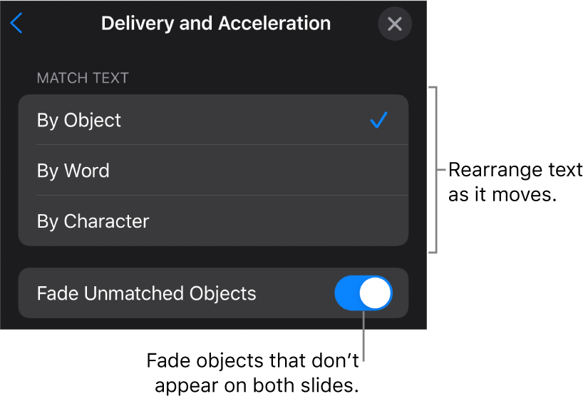 Magic Move delivery and acceleration options in the Acceleration pane.