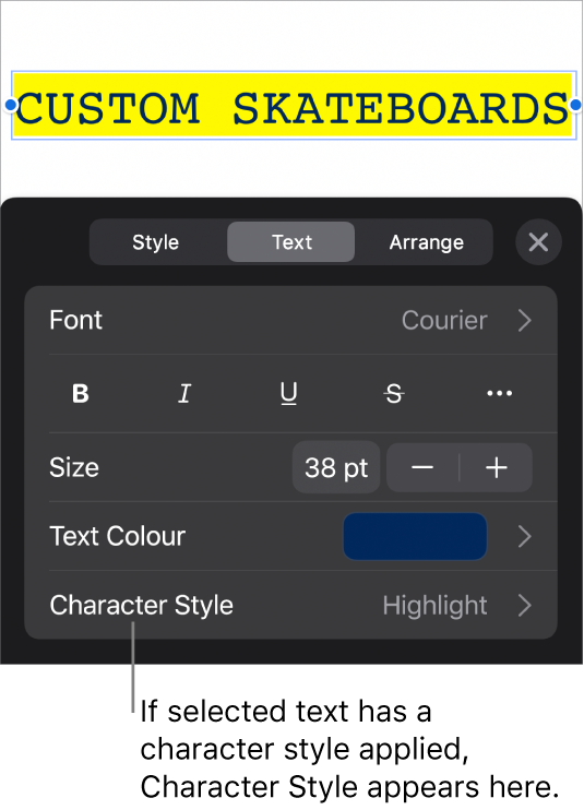 The Text formatting controls with Character Style below the Colour controls. The character style None appears with an asterisk.