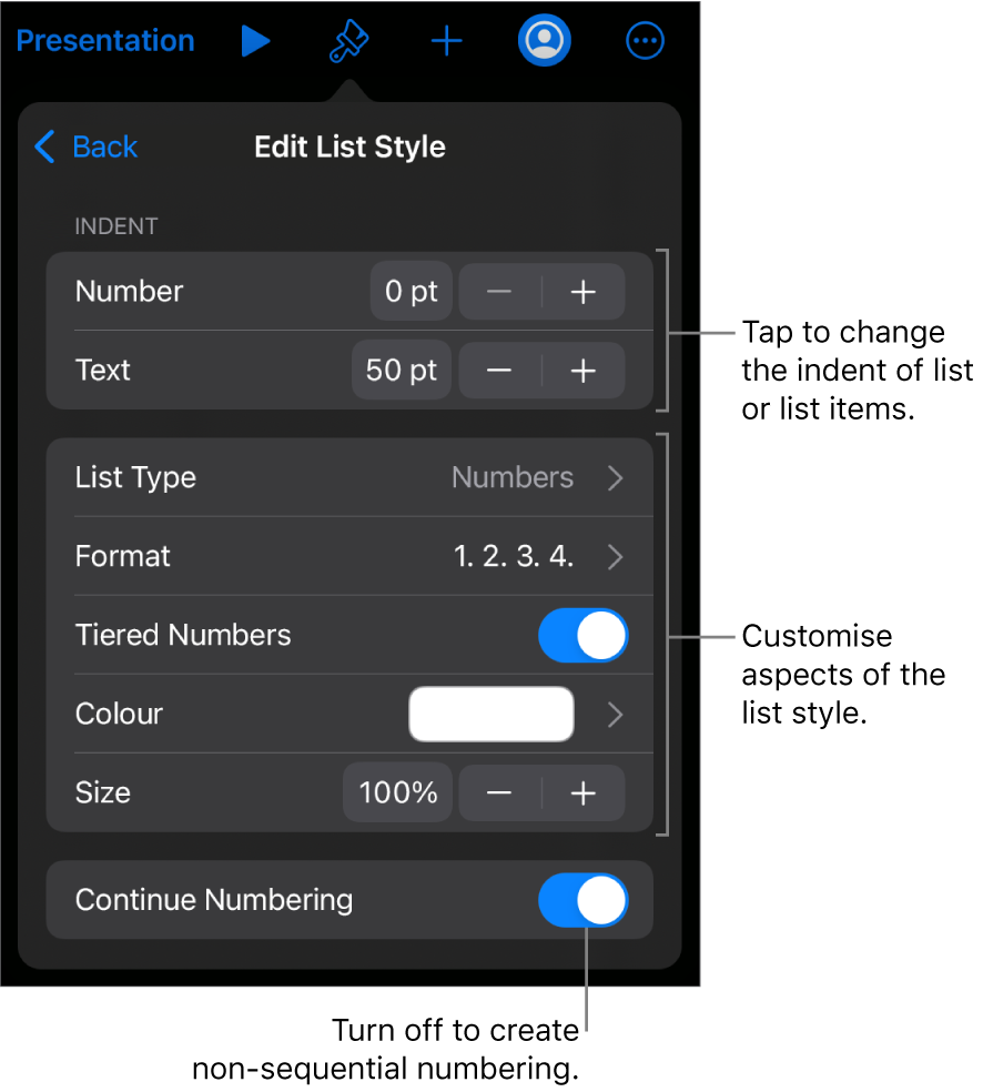 Edit List Style menu with controls for indent spacing, list type and format, tiered numbers, list colour and size, and continued numbering.