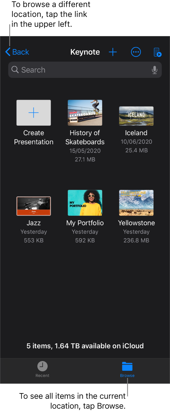 The browse view of the presentation manager with a location link in the top-left corner and below it a Search field. In the top-right corner are the Add a Presentation button; the More button; and the Remote button. At the bottom of the screen are a Recent button and Browse button.