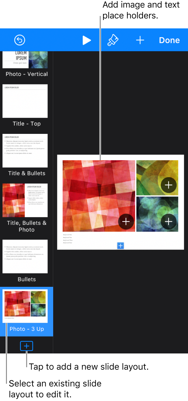 A slide layout showing on the slide canvas with the Add Slide Layout button at the bottom of the slide navigator.
