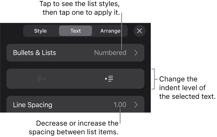 The Bullets & Lists section of the Format controls with callouts to Bullets & Lists, outdent and indent buttons, and line spacing controls.