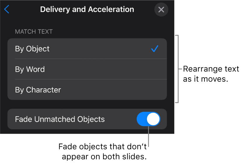 Magic Move delivery and acceleration options in the Acceleration pane.