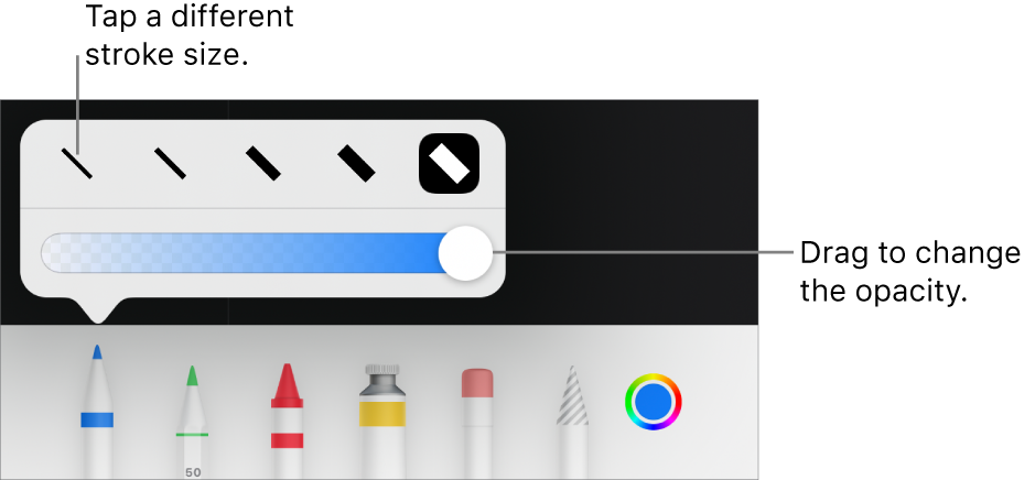 Controls for choosing a stroke size and a slider for adjusting the opacity.
