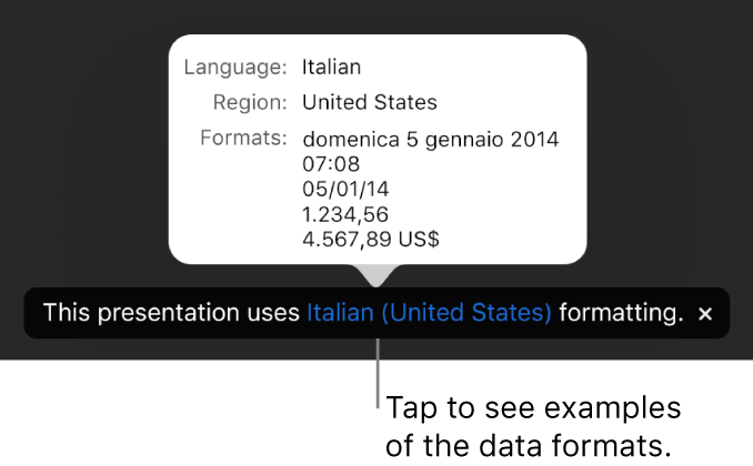 The notification of the different language and region setting, showing examples of the formatting in that language and region.