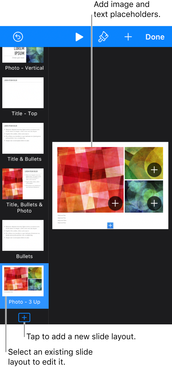 A slide layout showing on the slide canvas, with the Add Slide Layout button at the bottom of the slide navigator.
