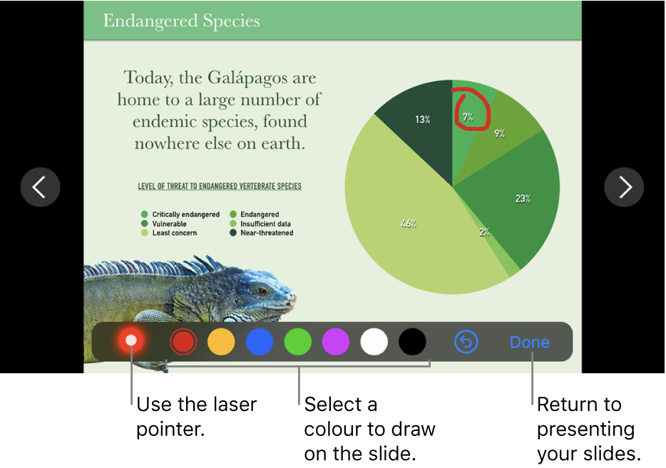 A slide in slide illustration mode showing the laser pointer and colour selection controls.