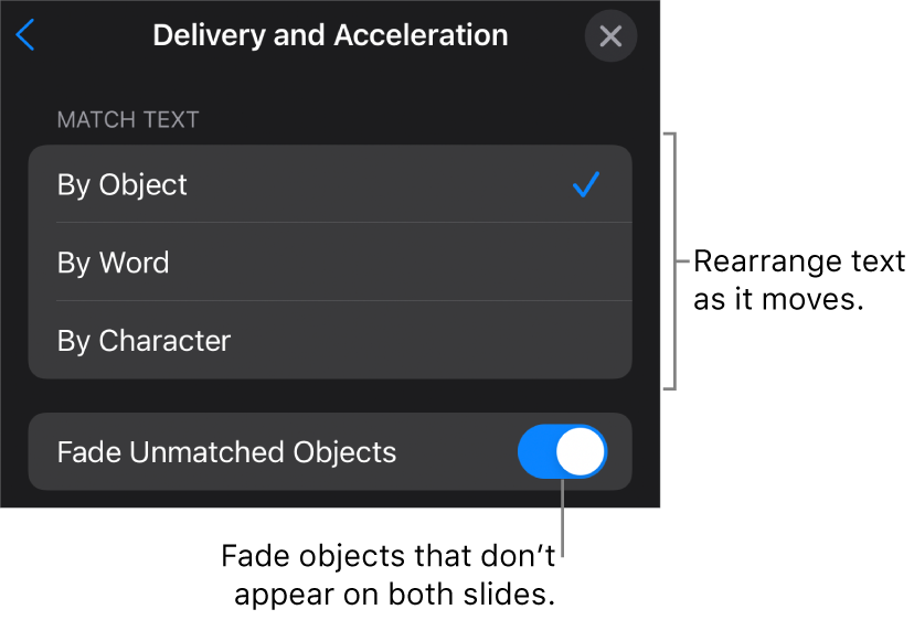 Magic Move delivery and acceleration options in the Acceleration pane.