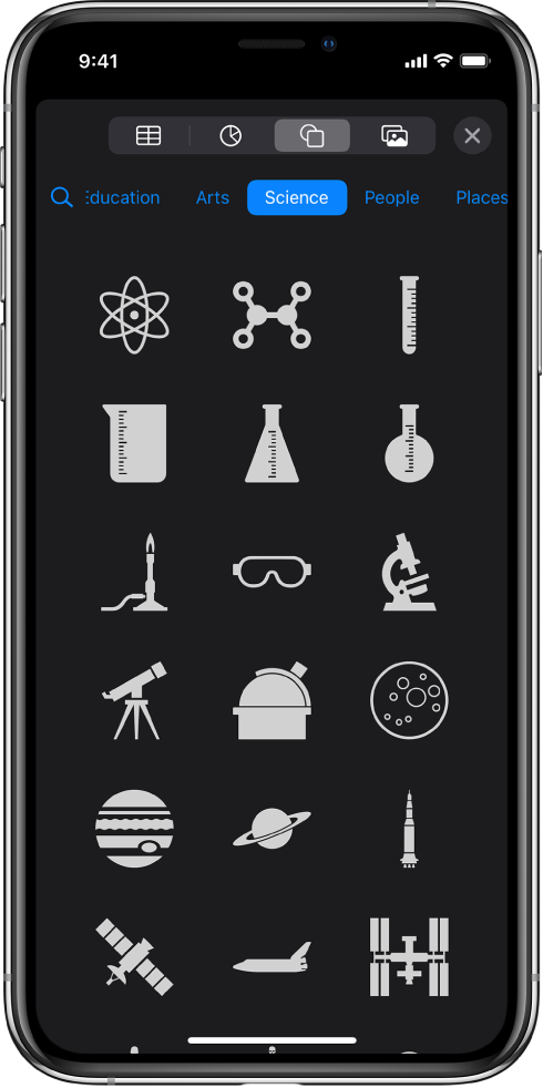 The Insert menu with buttons across the top to add tables, charts, shapes, and media. Shapes is selected and its menu shows a row of categories with a Search button on the left. The category Activities is selected and shapes appear below.