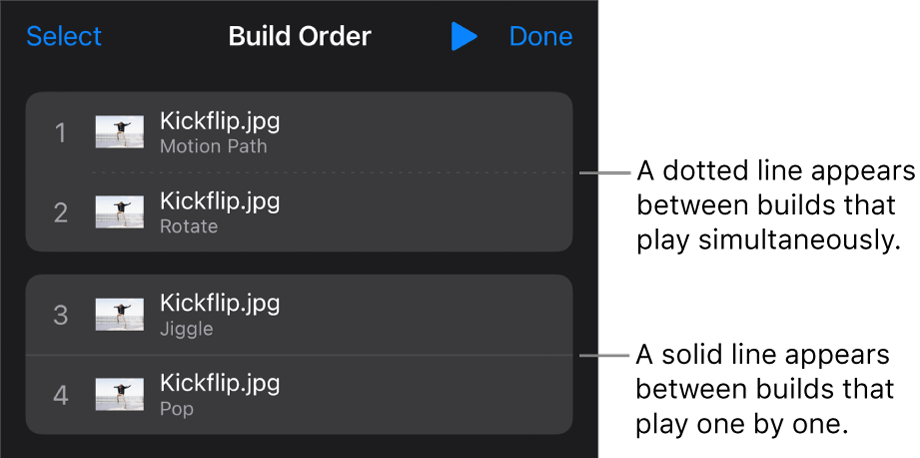 The Build Order menu, with a dotted line appearing between builds that play simultaneously and a solid line between builds that play one by one.