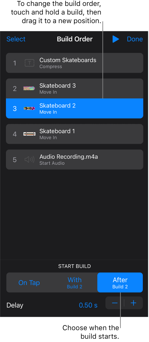 The Build Order list showing build in effects with yellow badges and build out effects with gray badges.