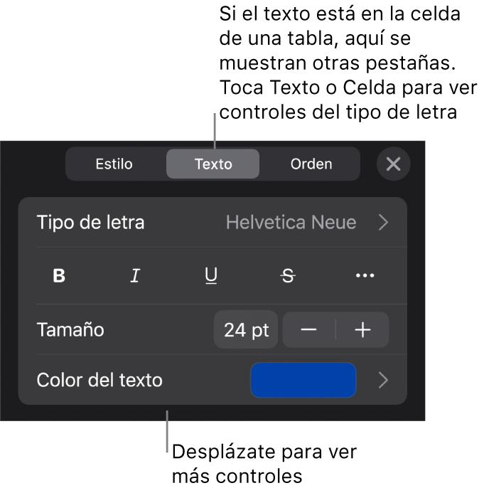Controles de texto en el menú Formato para configurar los estilos de párrafo y carácter, tipo de letra, tamaño y color.
