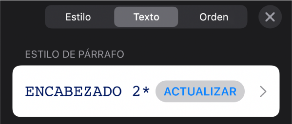 Un estilo de párrafo con un asterisco junto a él y un botón Actualizar a la derecha.