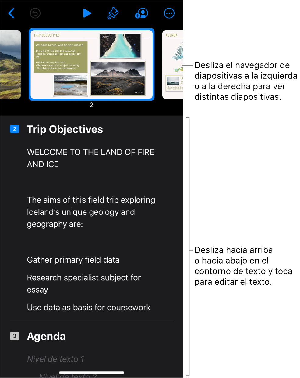 La vista de esquema con el navegador de diapositivas horizontal en la parte superior de la pantalla y el esquema de texto en la parte inferior.