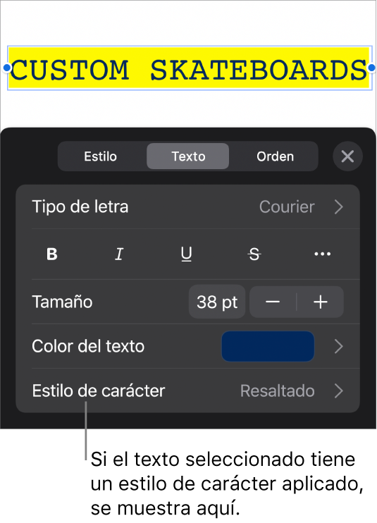 Los controles de formato de texto con “Estilo de carácter” debajo de los controles de color. El estilo de carácter Ninguno aparece con un asterisco.