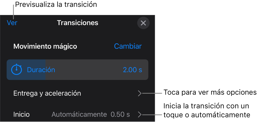 Controles de “Movimiento mágico” en el panel Transiciones.