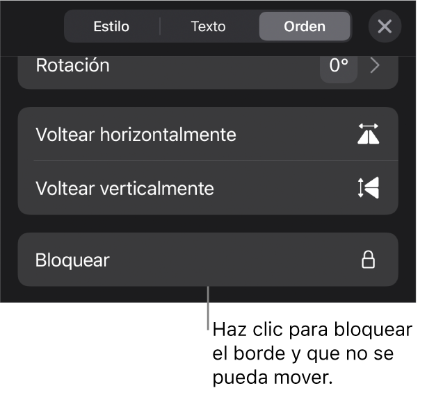 Los controles Disposición del menú Formato con un mensaje en la opción Bloquear.