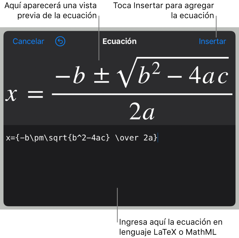 El diálogo Ecuación con la fórmula cuadrática escrita con comandos de LaTeX y una previsualización de la fórmula encima.